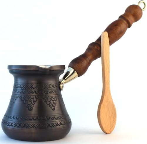 DEDE Copper - PCZ-Serie (mittelgroß) dickste massive Kupfergravur türkisch griechisch arabisch Kaffeekanne mit Holzgriff, Herdplatte Kaffeemaschine Cezve Jezve Jazva Ibrik Briki (antikes Kupfer)