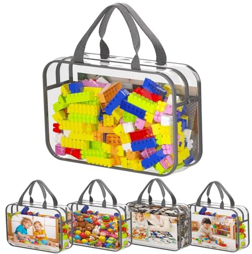 Toy Zippered Blocks Set Storage Bags for Boy Girls - 4PC Large PVC Storage Organizer Bags with Mesh Side Pockets for Puzzle, Clay, Book, Small Models and Mini Plush Toys 30x23x6.6 CM(Grey)