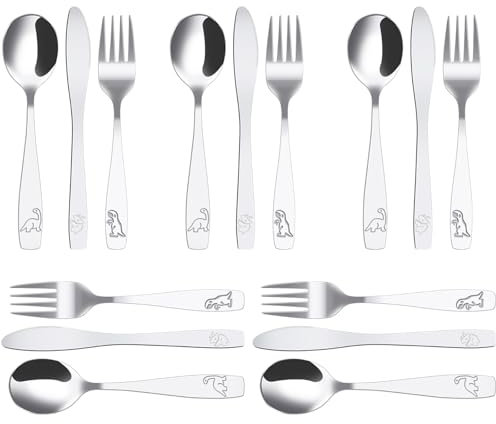 15Pcs Couverts Enfant Inox 5 x Fourchette 5 x Cuillère 5 x Couteau Dentelé Sûr Couverts Enfant Jungle Dinosaure Gravé Couvert Inox pour Maison Restaurant École Garderie