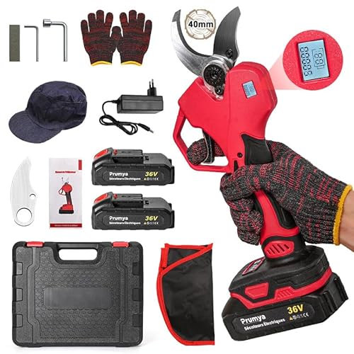 Akku Astschere 900W Professionelle Elektrische Gartenschere mit LCD Anzeige, 40mm Schnittdurchmesser, 2 X 7500mAh 36V Akku, 4-6 Arbeitsstunden, Baumschere, Rosenschere, Rebschere für Gärten, Äste