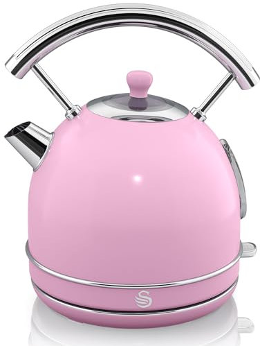 Swan Retro Hervidor de Agua 1,8L, Tetera Eléctrica, Resistencia Oculta Acero Inoxidable, Inalámbrico, sin Cable, Diseño Vintage, Apagado Automático Controlador Strix, Rosa, 3000W