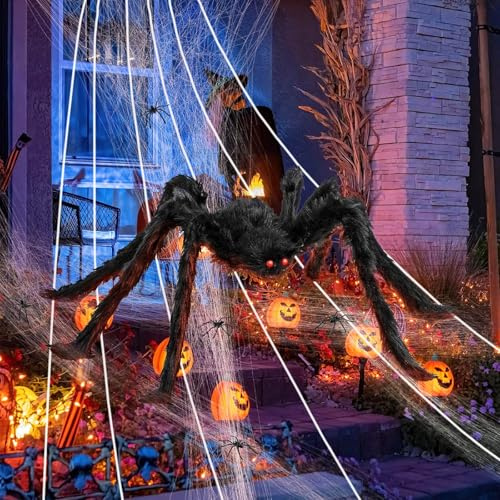 SUPERFA Halloween Giant Spider Web Decorations for Outdoors, 79 Inch Plush Giant Spider and 275 Inch Spider Web with 50g Spider Stretch Cobwebs and 30 Little Spider for Halloween House Decor