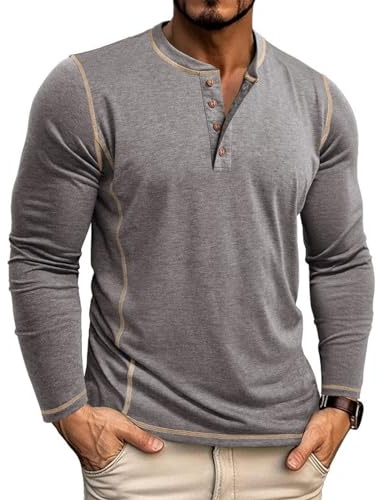 LAOARA Herr T-shirt Långärmad T-shirt Bomull Slim Fit Henley T-shirt T-shirt Tröja Knapp T-Shirts M-2XL, Grå, XL