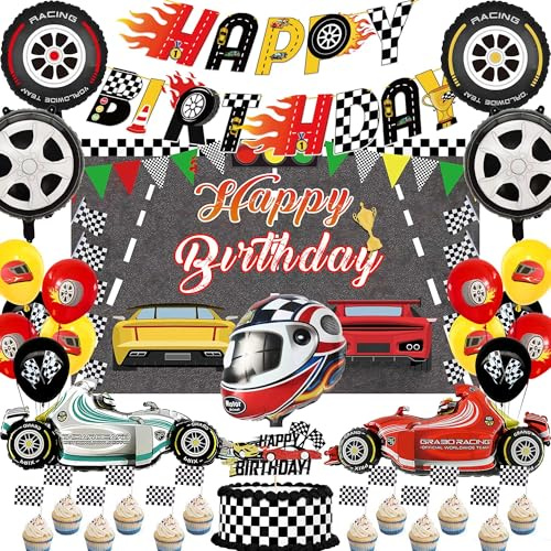 Race Car Birthday Party Decorations - 32 PC Racing Car Theme Set | 32Pcs Racing Car Happy Birthday Bunting Banner Checkered Cake Topper Motorcycle Foil Balloons
