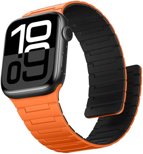 Suphart Strong Magnetic Strap Compatible with Apple Watch Strap 49mm 46mm 45mm 44mm 42mm 41mm 40mm 38mm, Silicone Band for iWatch Ultra 2 SE Series 10 9 8 7 6 5 4（42/41/40/38mm, Orange-Midnight）