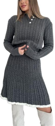 2-teiliges Pullover-Rock-Set für Damen, Pullover-Minirock-Sets, langärmeliges Polo-Pullover, Oberteil, A-Linien-Rock-Set