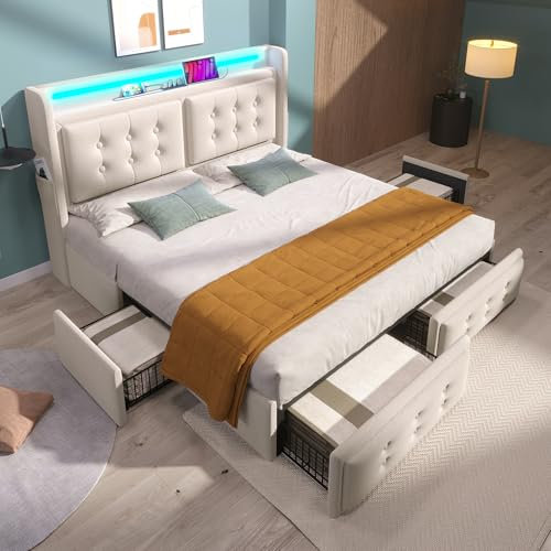 KEYIDE Polsterbett mit USB Ladefunktion und LED-Kopfteil und 4 Schubladen, Doppelbett 160x200cm Stauraumbetten Jugendbett Bettgestell, Lattenrost aus Holz, Baumwolle (Beige, 160x200 cm)