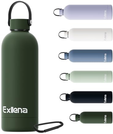 Exllena Gourde Isotherme 500ml avec Poignée Pratique - Bouteille Isotherme avec 24 Heures de Conservation au 24h Froid/12h Chaud, Revêtement Anti-Dérapant - Étanche Sans BPA (Vert Varech)