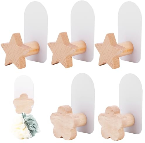 ALLOMN Coat Hooks Kids Wooden Hooks, 6Pcs Cute Shape Design Children's Coat Hooks Wall Mounted Self Adhesive Door Hook Wood Wall Hook for Clothes Scarf Towel Hat Bag Key Backpack (Flower)
