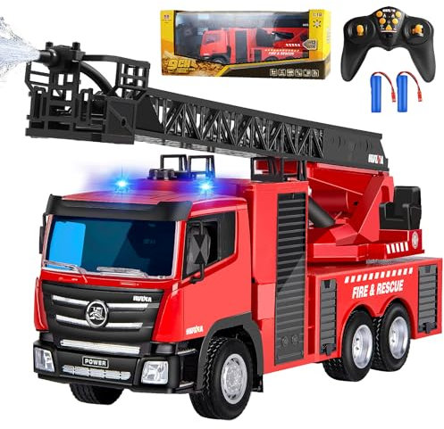 Joellfuner Spielzeug Feuerwehrauto Groß, 1:18 2,4G Feuerwehr Ferngesteuert, Feuerwehr Auto mit Drehleiter und Spritzfunktion, Feuerwehrauto Spielzeugauto mit Licht und Sound, 4 Radantrieb (Batterie*2)