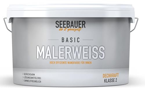 SEEBAUER diy Wandfarbe Weiß 2,5L - Klassisches Malerweiß für Innenräume - Gute Deckkraft, Leicht zu Verarbeiten & Tropfarm - Effiziente Innenfarbe für Wände und Decken bis zu 20 qm
