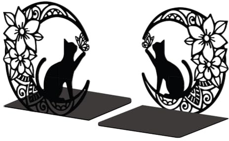Peacoblue Buchstützen Metall,Mond & Katze Buchstütze Dekorativ für Bücher | 1 Paar 5.3x4.3x5.3 schwere Gusseisen Buchhalter, Stabile Buchstopper für Bücherregal, Schreibtisch, Büro und Wohnraum