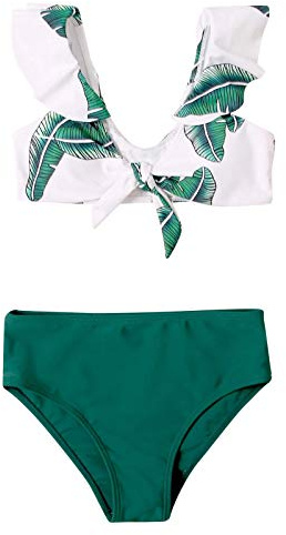 Maillot De Bain Deux Pièces pour Fille, Ensemble Bikini avec Bretelles Réglables Tankini À Volants Ène Hawaïenne Natation Set De Bain pour Enfants 5-14 Ans (Green, 11-12 Years)