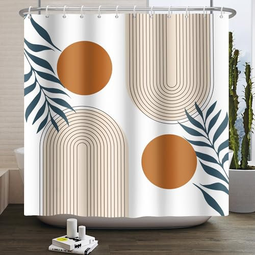 Kzzfqxb 183x183cm Boho Cortinas de Ducha con Ganchos, Arco de Mediados de Siglo Sol Beige Círculos Hojas Art Abstracto Moderno Impermeable para baño, Tela de poliéster Bañera Decoración estética