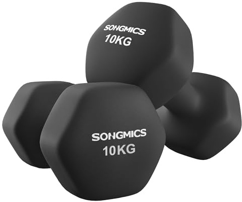 SONGMICS Juego de 2 Mancuernas, 2 x 10 kg, Mancuernas Hexagonales con Superficie de Vinilo, para Fitness, Ejercicio, Entrenamiento, para Gimnasia en Casa, Negro Tinta SYL110B01