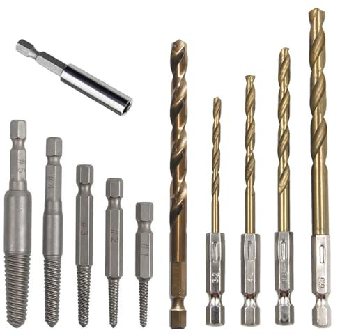 Leogony 11 Pcs Easy Out Bolt Extractor Set, 4 Bits 1 7.5mm Drill 5 Extractors and 1 Drill Extender for Removing Damaged Screw Stud