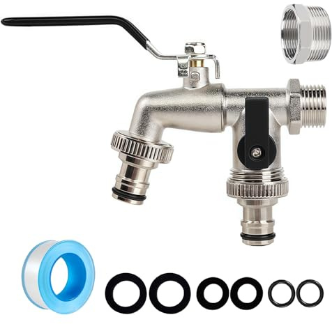 Black Double Garden Tap, 2 Way Brass Outside Tap with Hose Connector, Dual Outlet Outdoor Water Tap, 1/2 Inch & 3/4 Inch Threaded for Garden Watering and Hose Pipe