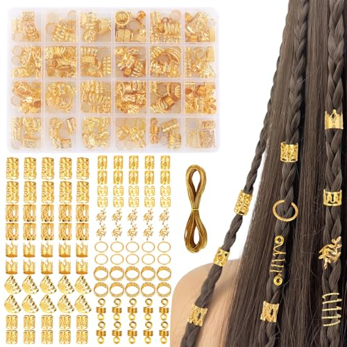 290 stycken Dreadlocks smycken, viking hårsmycke guld, metallflätor smycken justerbara flätor tillbehör, hårringar med låda och snöre hårpärlor att klämma fast för kvinnor flickor
