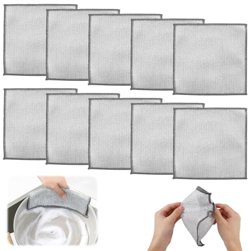 JRILUO 10PCS Multifunctional Double Layer Wire Dishwashing, Non-Scratch Wire Dishwashing, 20x20cm Reusable Cleaning Cloths, Wet and Dry Wire Dishcloth for Dishes Sinks Counters Kitchen