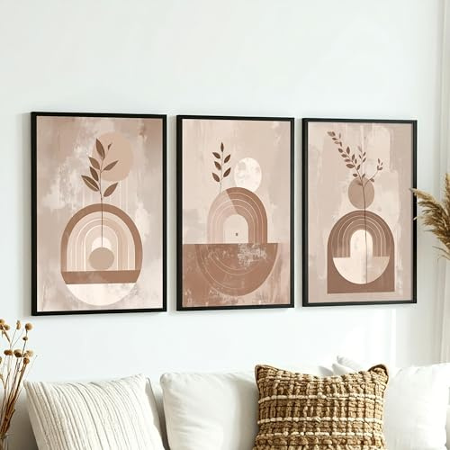 DUOMIO Moderne Wandbilder im 3er-Set (optional) mit Rahmen – Stilvolle Wanddekoration – Boho Wall Art - Abstrakte Blumen Bilder Beige-Töne - Wandkunstdruck für Büro & Wohnzimmer