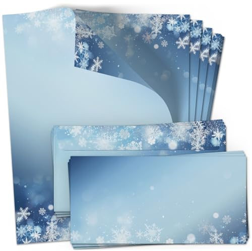Weihnachtsbriefpapier Set - 10 x Weihnachtspapier A4 mit Umschlägen – Briefpapier Weihnachten mit Umschlag DIN lang, Blau Schneeflocken, Papier Kuvert bedruckt