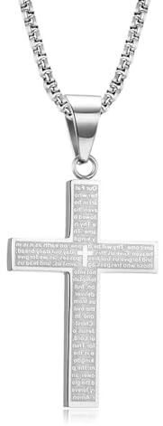 Zeaying Chaîne croix pour hommes, garçons et enfants, collier en acier inoxydable, pendentif croix avec chaîne de 60 cm, gravé de passages chrétiens, argent, bijoux