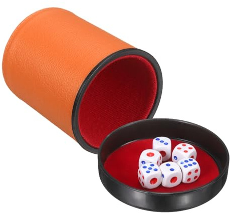 QUARKZMAN Gobelet À Dés Professionnel Doublé De Feutre, Gobelets À Secouer en Cuir PU Tranquille avec Couvercle Inclut 6 Dés À Points pour Soirées dans Les Bars Jeux De Société, Orange