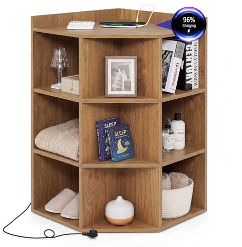 COSTWAY 3-stöckiges Eck-Bücherregal mit Ladestation, Eckregal mit 9 Fächern, 2 USB-Anschlüssen & 4 Steckdosen, Aufbewahrungsregal für Schlafzimmer, Wohnzimmer (Natur)