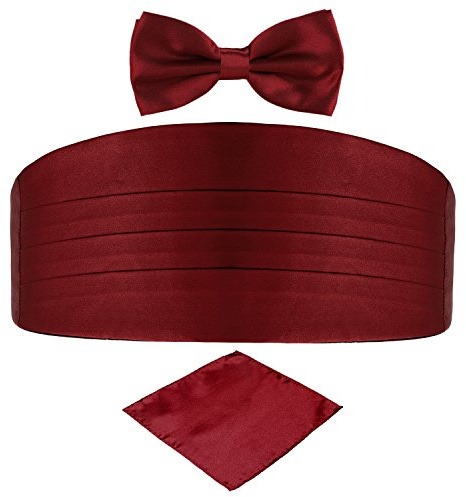 DonDon set di 3 pezzi da uomo, contenente fascia da smoking, papillon e fazzoletto da taschino, tutti dello stesso colore per occasioni festive - rosso scuro