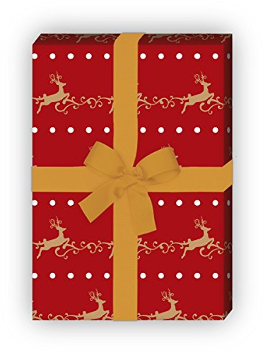 Kartenkaufrausch Edles Streifen Weihnachtspapier, Geschenkpapier Set zu Weihnachten mit springenden Hirschen, rot, als edle Geschenk Verpackung, Designpapier, scrapbooking, 4 Bogen, 32 x 48cm