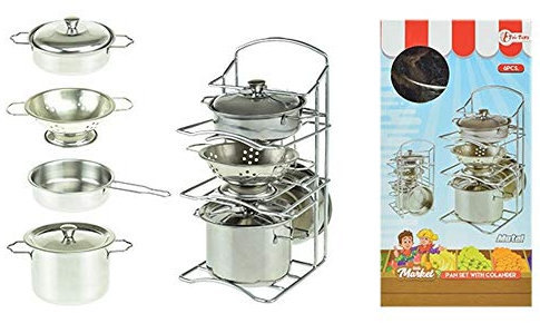 Toi-Toys 13002A Kochgeschirr aus Metall für Kinder Jungen Mädchen Rollenspiel Motorik Kinderzimmer Küche Topf Pfanne Sieb Deckel Kinderspielzeug Spielzeug