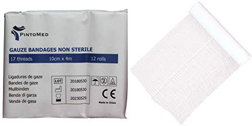 PintoMed - Benda di Garza Non Sterile - 12 rotoli - 10cm x 4m - 17 fili - bendaggi regolabili per ferite, kit di pronto soccorso medico