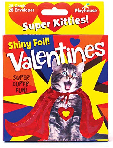 Playhouse Super Kitty Shiny Foil 28 Card Valentine Exchange Box with Envelopes for Kids