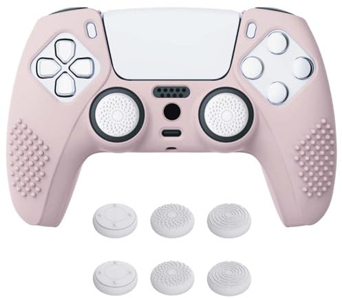 eXtremeRate PlayVital Cherry Blossoms Pink 3D Studded Edition Anti-slip Silicone Cover Skin for ps5 Controller, Soft Rubber Case for ps5 Wireless Controller with 6 White Thumb Grip Caps