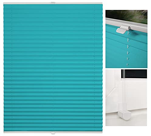 metablo Plissee ohne Bohren Klemmfix Faltrollo Jalousie Plisseerollo Sichtschutz und Sonnenschutz Blickdicht lichtdurchlässig Rollo für Fenster & Tür Türkis 90x210 cm