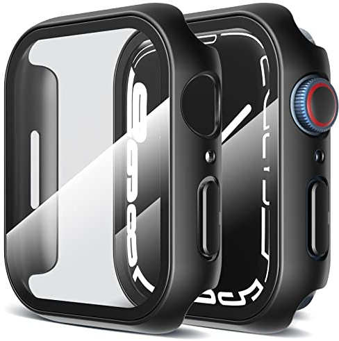 LK 2 Stück Schutzhülle Kompatibel mit Apple Watch Series 9/8/7 45mm | Harte PC Schutzhülle mit Gehärtetem Displayschutz, Ultra Dünn Full Coverage Case, Kratzfest & Stoßfest, Schwarz