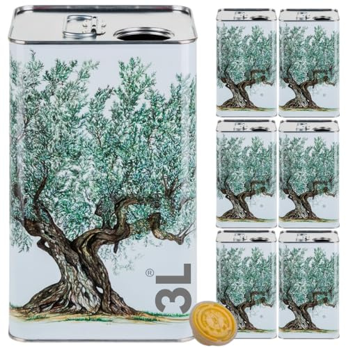 acquaverde | 6 Lattine per Olio di Oliva, Lattina Bianca con Serigrafia Albero di Ulivo, in Metallo, Contenitore Alimentare, Latta da 3 Litri con Tappo Ermetico e Maniglia
