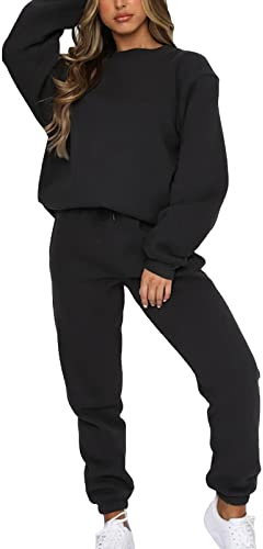 amropi Chándal de Mujer Sudadera Pullover de Lana y Pantalones Conjunto de Ropa L,Negro
