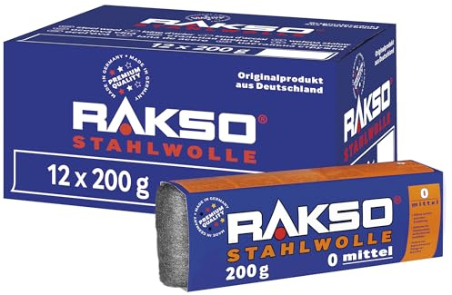 RAKSO Stahlwolle mittel 0-2,4 kg, 12 Banderolen à 200g, glättet Holz, entfernt Schmutz auf Kacheln/Steinböden, poliert Kupferrohre/Fittings