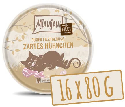 MjAMjAM - Premium Nassfutter für Katzen - zartes Filet vom Hühnchen 80g, 16er Pack (16 x 80 g), naturbelassen mit extra viel Fleisch