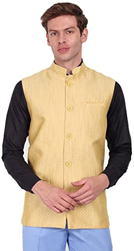 SKAVIJ Gilet Nehru da uomo con design intrecciato in seta Dupion (Beige, Large)