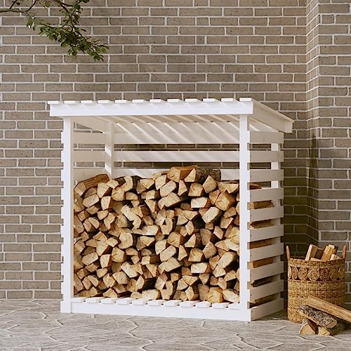 FENLAX Kaminholzregal Weiß 108x73x108 cm Massivholz Kiefer Regal für Brennholz Innen Holzstapelhilfe Innen Kaminholzregal für Innen Brennholzständer Holzlagerregal Brennholz Aufbewahrung