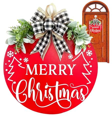 PRIMUZ Letrero para Puerta de Feliz Navidad - Señal de Bienvenida para Puerta Principal con Lazo a Cuadros de búfalo | Decoración rústica Brillante para Puerta de Navidad, Cartel de suspensión de