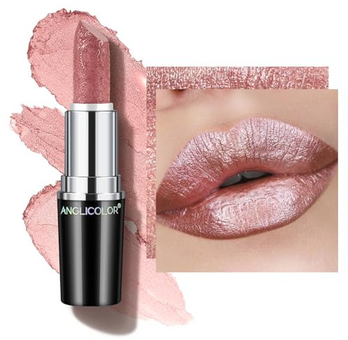 Anglicolor Metallic Glitter Nude Pink Lipstick,High Impact Shimmer Lipcolor,Lightweight Hydrating Creamy Formula Smooth and Non-Sticky,Lipstick For Women(07 PURE ENVY, 4g)