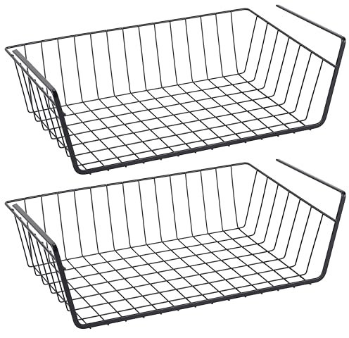 RICOO 2 x Einhängekorb Schrank KR001Bx2 Schrankkörbe Unterregal Hängekorb Regal Schrankkorb zum Einhängen Regaleinhängekorb Drahtkorb Gitterkorb Aufbewahrungskorb Metall Korb zum Aufhängen schwarz