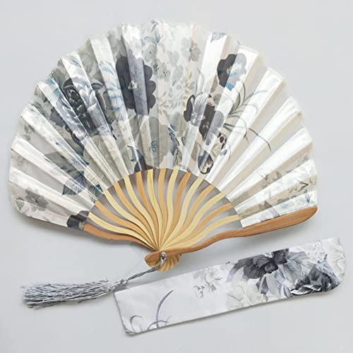 SaryEdge Handfächer, Faltfächer aus Seide, Exquisite Blumen-Bambusfächer mit Grauer Quaste, große Handfächer, handgefertigt, chinesischer Spanien-Fächer für Tanzpartys, Hochzeiten, Heimdeko