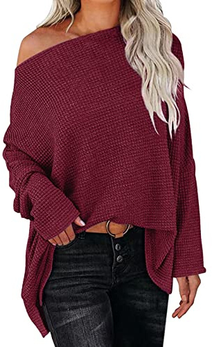 Cold Shoulder Jumpers Womens Off Shoulder Long Sleeve Oversized Pullover Sweater Knit Jumper Loose Tops Chunky Jumpers for Women UK (Red, L)