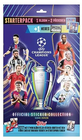 Topps UEFA Champions League Sticker 24/25 Starter Pack contiene un álbum de pegatinas de 80 páginas y 3 paquetes (18 pegatinas), incluyendo un adhesivo extra brillante en el interior