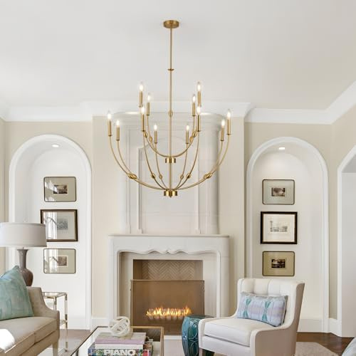 ACANER Modern Gold Chandelier, 12- Light Large Chandelier for High Ceilings, 35 inch 2-Tier Candle Style Rustic Hanging Light Fixture for Living Room Foyer Entryway