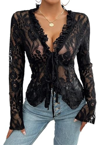 RUIWANBBY Lace Tops for Women Y2k Sexy Open Front Tie Long Sleeve Ruffle Trim See Through Mesh Crop Top Blouses Streetwear